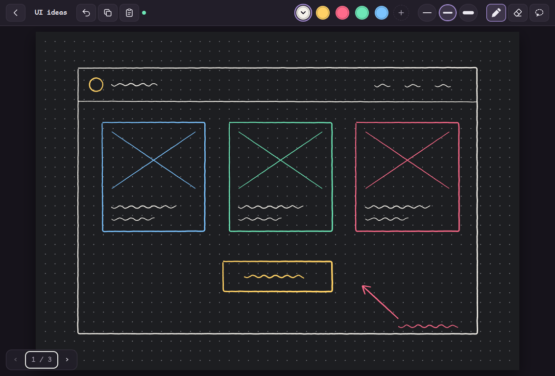 The same wireframe page at 1133 by 768 pixels, with the whole toolbar on one line.
