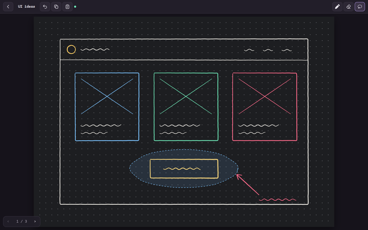 A dashed blue lasso loop drawn around the yellow button in the wireframe.