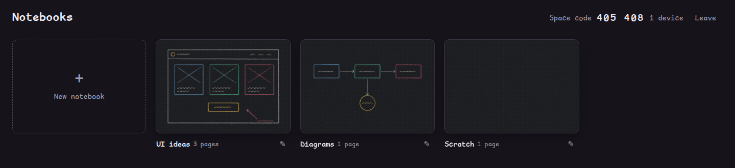 The notebook list with three notebooks: UI ideas with three pages, Diagrams with one page, and Scratch with one page.