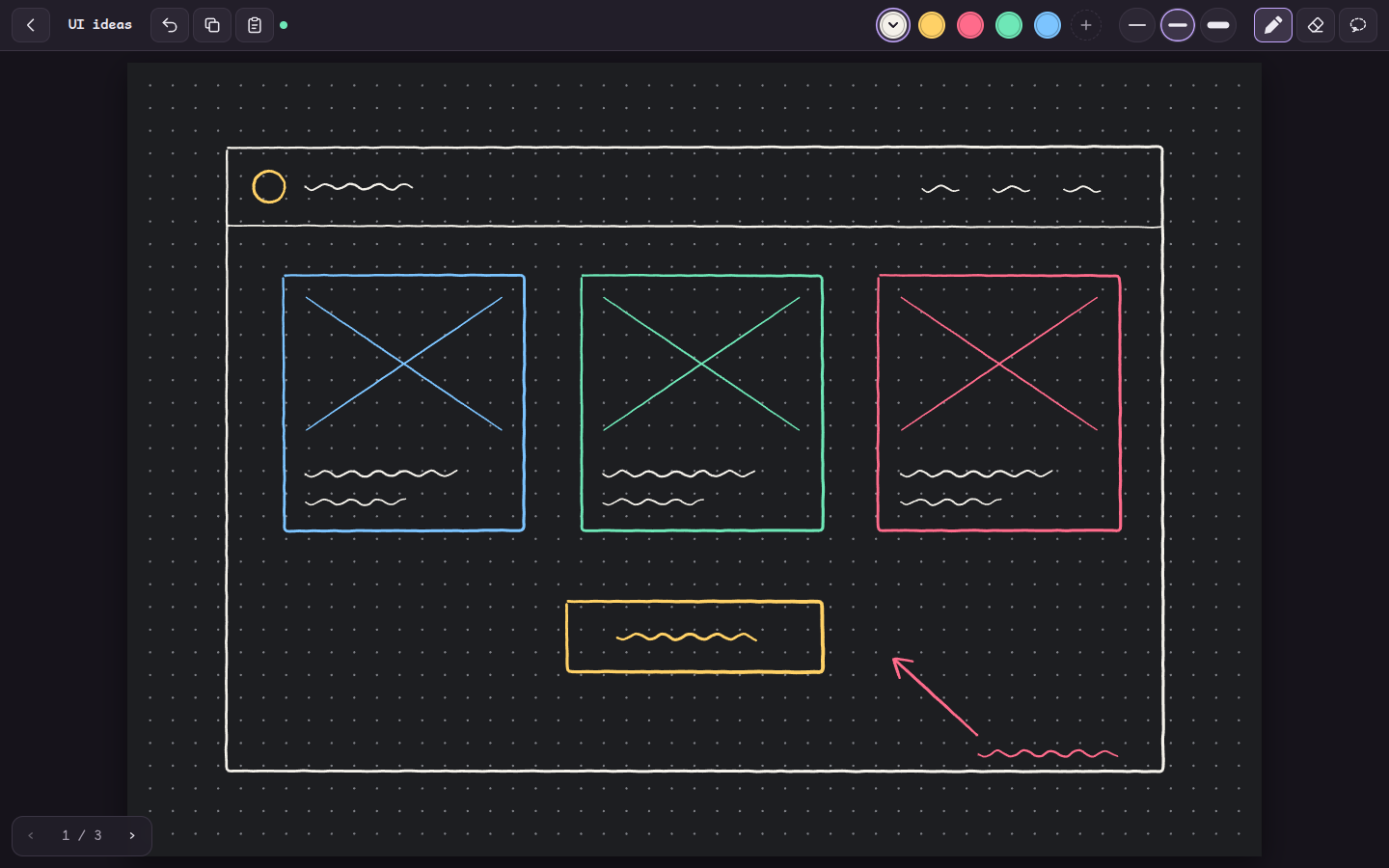 An Inkbridge page with a hand-drawn website wireframe in white, blue, green, pink, and yellow ink on dark dotted paper, with the toolbar across the top.