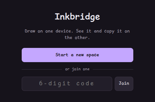 The Inkbridge start screen with a Start a new space button and a field for a six-digit code.