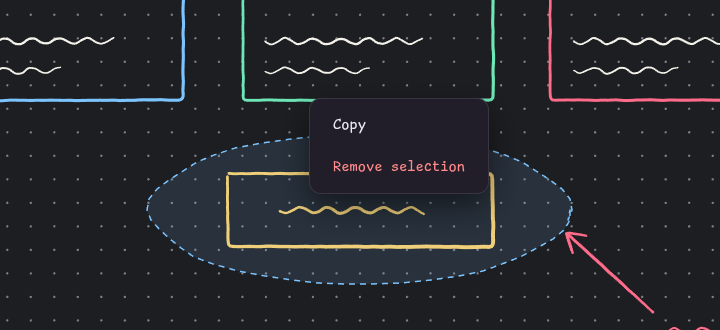 A menu with Copy and Remove selection above a lasso selection.